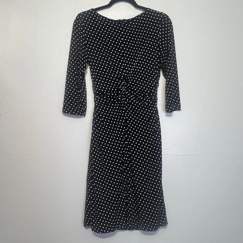 Adrianna Papell Dress Sz 8 Polka Dot‎ Ruched Slimming Blue White Preppy Career